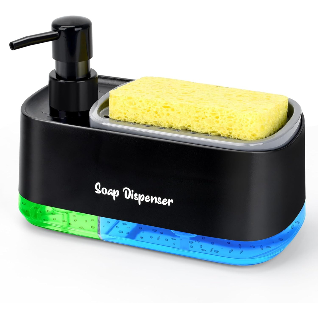 Black soap dispenser with pump, yellow sponge, and colorful base on a white background